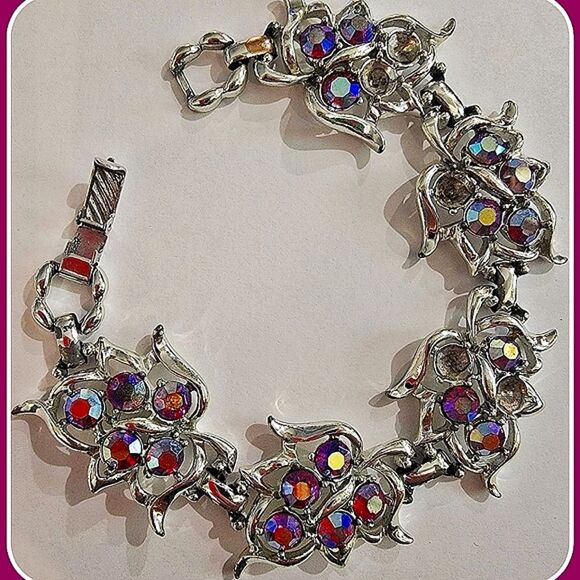 #SarahCoventry #Vintage Pink Red #AB #Rhinestone 8" long 1" Wide #Bracelet - Picture 1 of 12